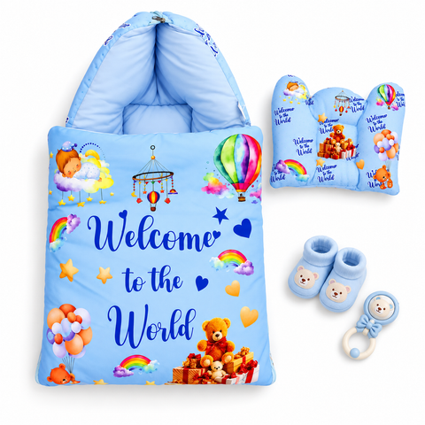 Newborn Welcome Bundle (All Seasons) - Cotton Carry Nest Welcome & 6 Pieces Starter Set (Blue)