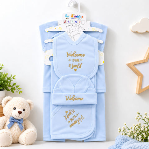 Newborn Welcome Bundle (All Seasons) - Cotton Carry Nest Welcome & 6 Pieces Starter Set (Blue)