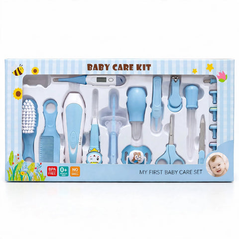 Baby care kit in a light blue and white box with various baby care tools visible through clear plastic windows, including a thermometer, nail clipper, teethers, and a brush.