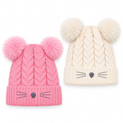 Pack of 2 Woolen Baby Caps –  Skin & Pink | Pom Pom Cat | 2-5 Years