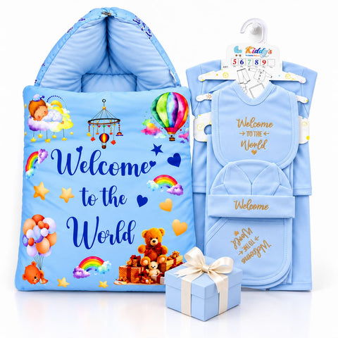 Newborn Welcome Bundle (All Seasons) - Cotton Carry Nest Welcome & 6 Pieces Starter Set (Blue)