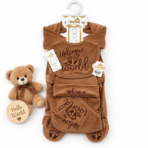 Newborn 7 Piece Velvet Starter Set Welcome Brown | Soft Winter Baby Clothing Set | 0+ Months