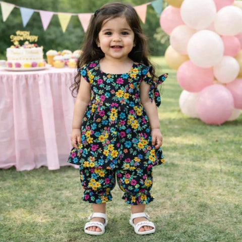 PR - 3 Pieces - Frock Set - Navy - Yellow Green Flowers