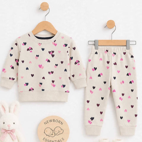 Kids Fleece Winter Suit Set Off White Hearts – 2 Piece Shirt & Trouser – 6 Months to 5 Years