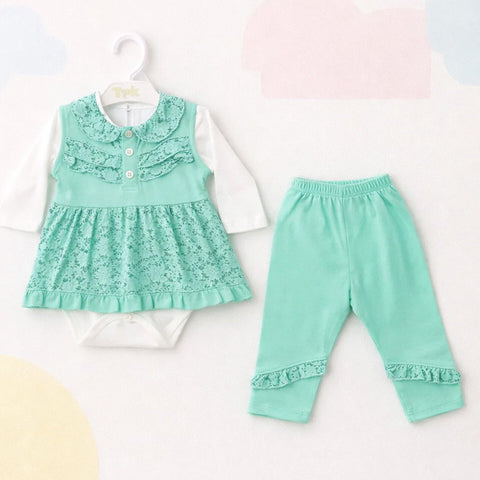 GM - 3 Pieces - Frock Set - Green - Flower & Leaves