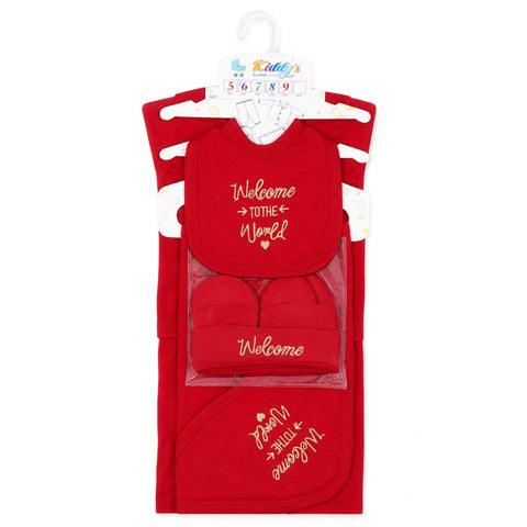 Red baby bib and booties set with 'Welcome to the World' text on a white background