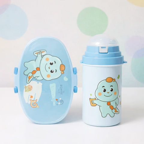 2 Pieces - Oval Lunch Box & Water Bottle - Gift Set - Dino - Blue