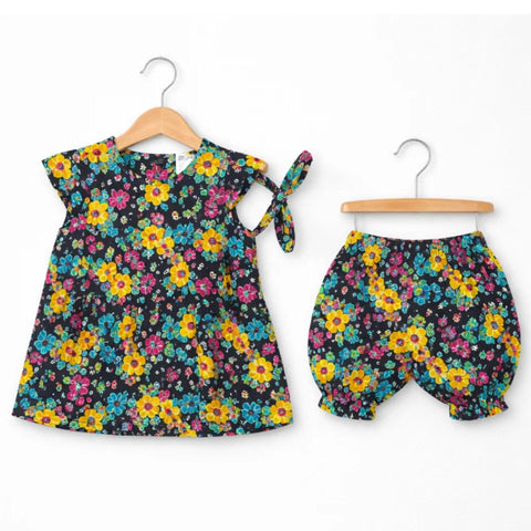 PR - 3 Pieces - Frock Set - Navy - Yellow Green Flowers