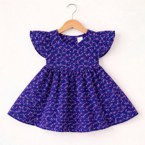 PR - Printed Frock - Dark Blue - White Leaves & Red Flowers