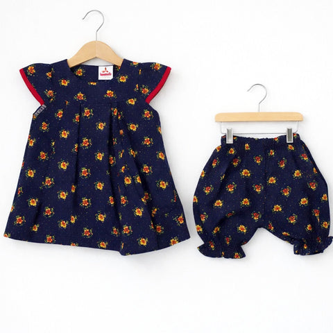 PR - 3 Pieces - Frock Set - Navy - Circles & Flowers