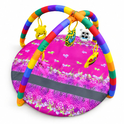 A baby activity gym with a round pink floral play mat and colorful rainbow arches, featuring hanging animal toys including a yellow bear, blue bee, black-and-white panda, and pink pig on a white background.