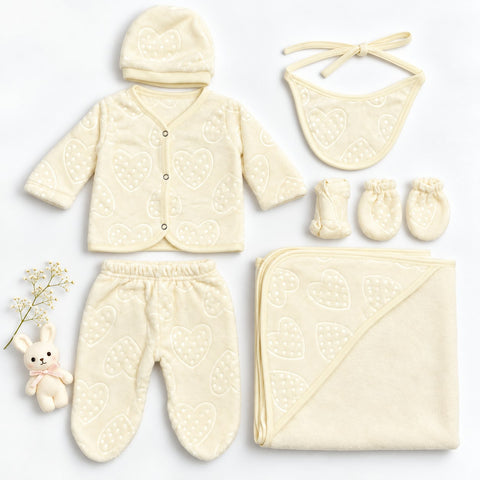 Newborn 8 Piece Plush Fleece Starter Set Hearts – Cream | Soft Winter Baby Clothing Set | 0+ Months