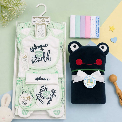 Newborn Welcome Bundle - Light Green Welcome Starter Set, Imported Bath Towel & Face Towel Pack