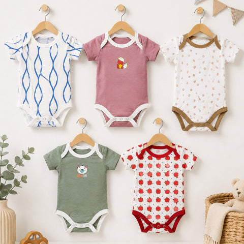 Junior's - Pack of 5 - Short Sleeve Bodysuits - Red - Apples